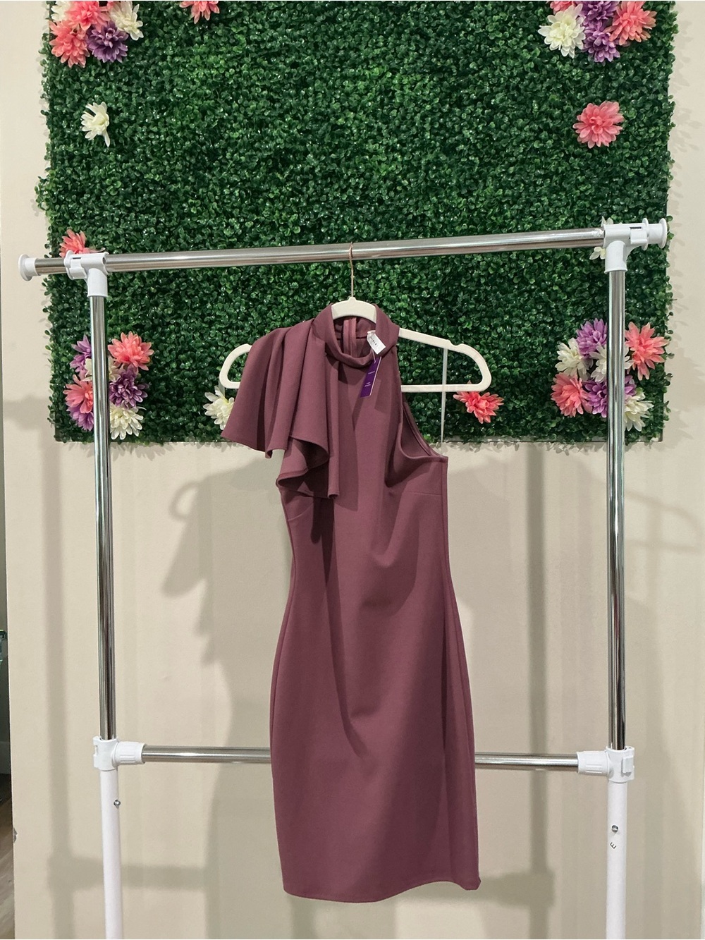 Blue Blush One-Shoulder Ruffle Dress in Mauve